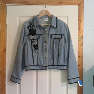 Mieka Sz XL Applique Embellished Black Beaded Floral Blue Denim Jacket New Biker